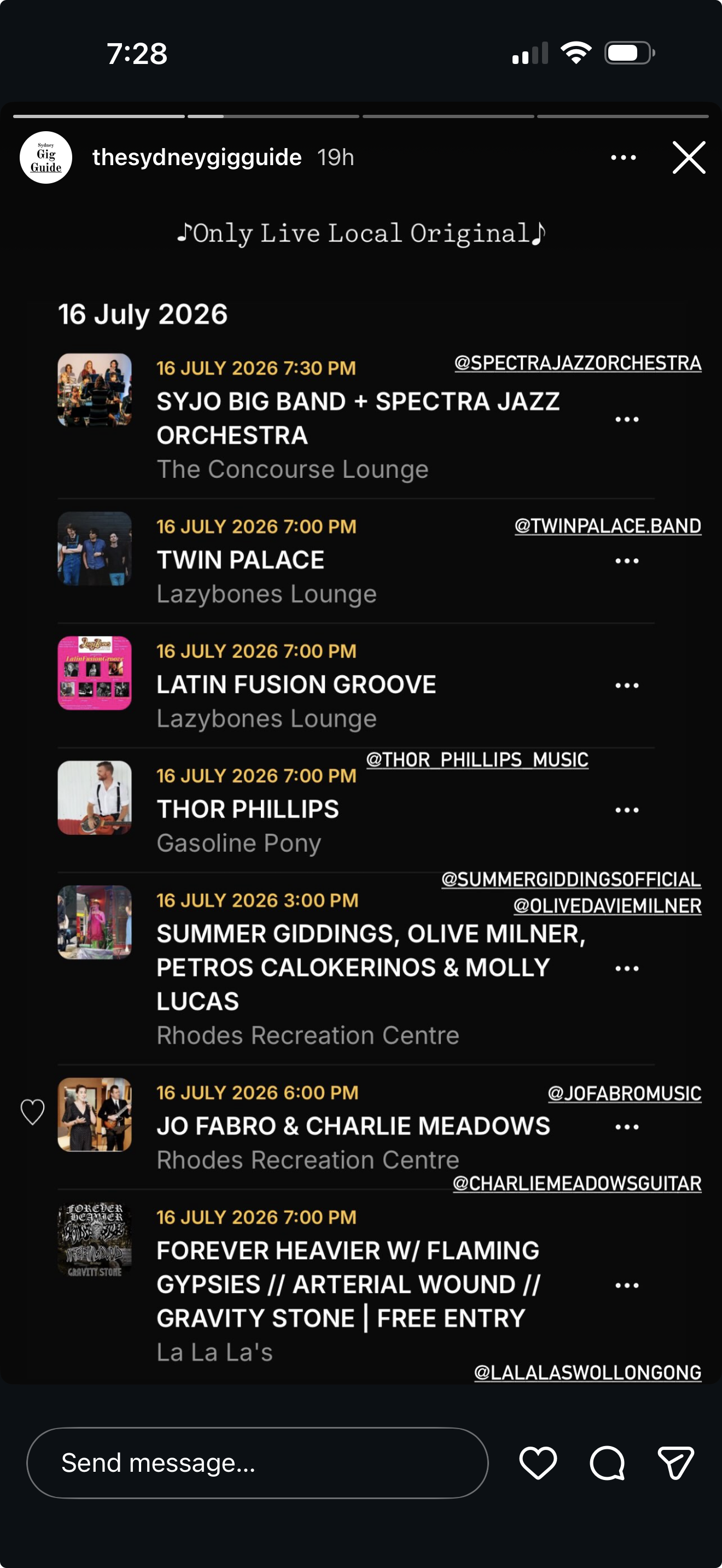 The Sydney Gig Guide Instagram Story listing live music around Sydney on 16 July 2026